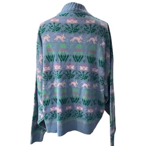 VINTAGE 80’s Pierre Cardin Blue and Green Bunny print Mock Neck Sweater Size XL - Picture 3 of 9